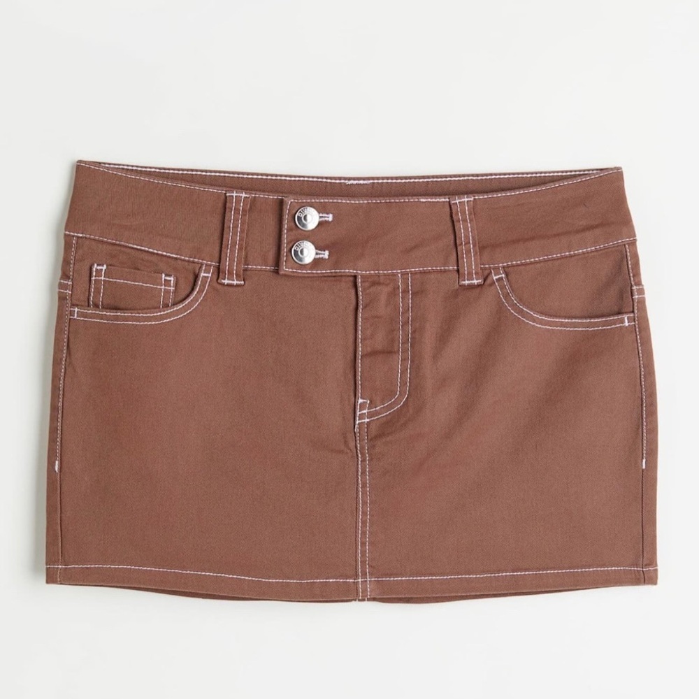 H&M Brown Low Rise Mini Skirt Size 2 Contrast Stitch Y2K